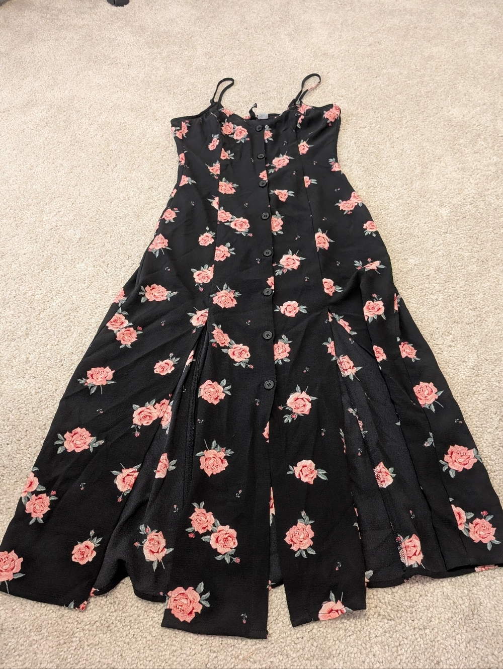 H&M Divided Button Down Black Pink Rose Floral Sleveless Slit Leg Dress 4